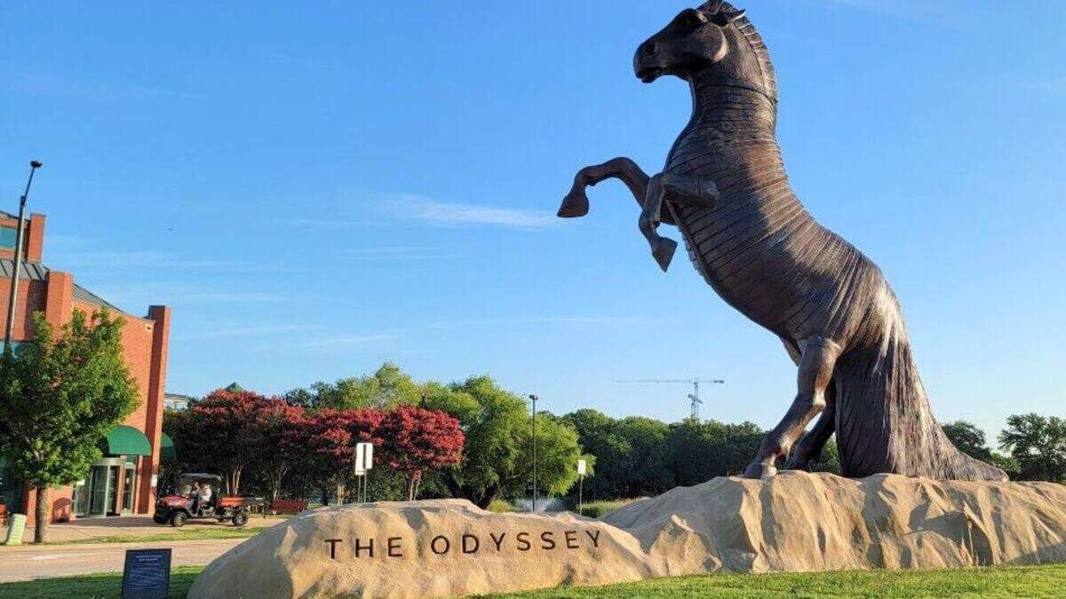 A 40-foot tall wooden horse has been installed in Arlington to celebrate ‘The Odyssey,’ in theaters July 17. A 40-foot tall wooden horse has been installed in Arlington to celebrate ‘The Odyssey,’ in theaters July 17.